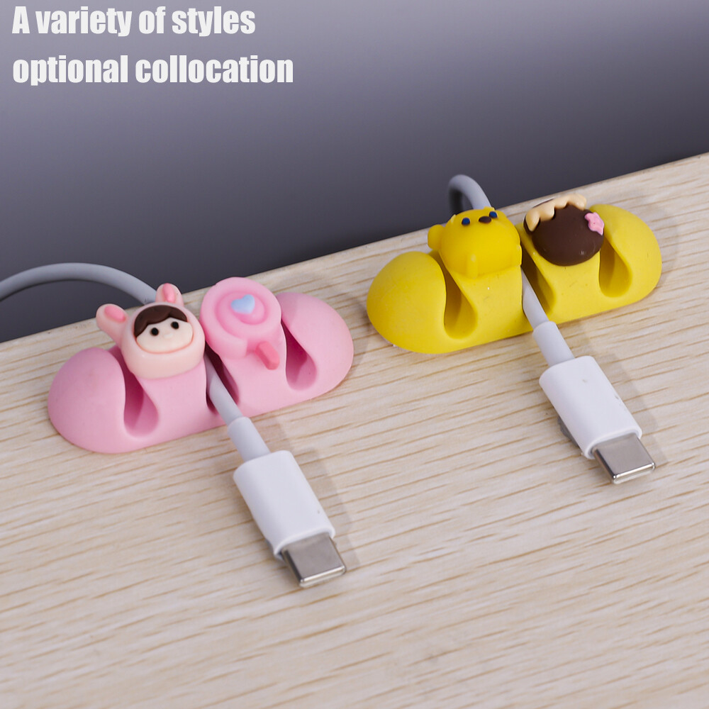 Cartoon Desktop Data Cable Manager Silicone Buckle Self-adhesive Wire Fixer Charging Cable Clip Buckle Winder Hub