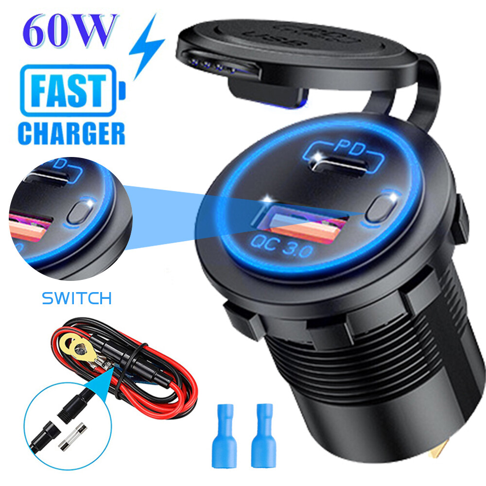 12V/24V 60W Quick Charge Car Charger QC3.0 USB+PD Type C Socket Voltmeter Power Adapter for Motorcycle