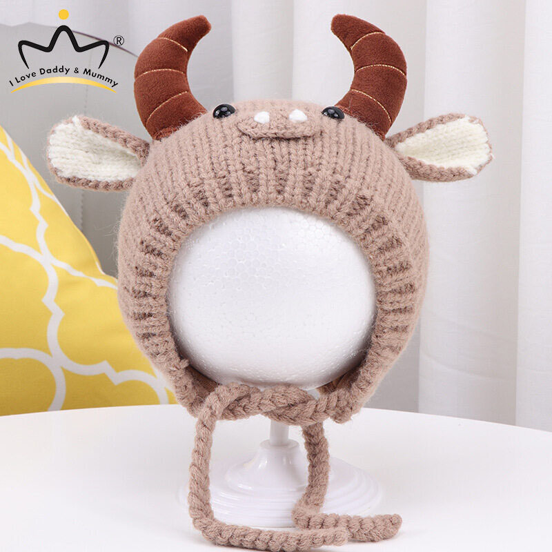 Cartoon Horns Baby Hat Autumn Winter Warm Infant Toddler Knitted Cap Soft Ear Protection Crochet Newborn Girl Boy Beanies Bonnet