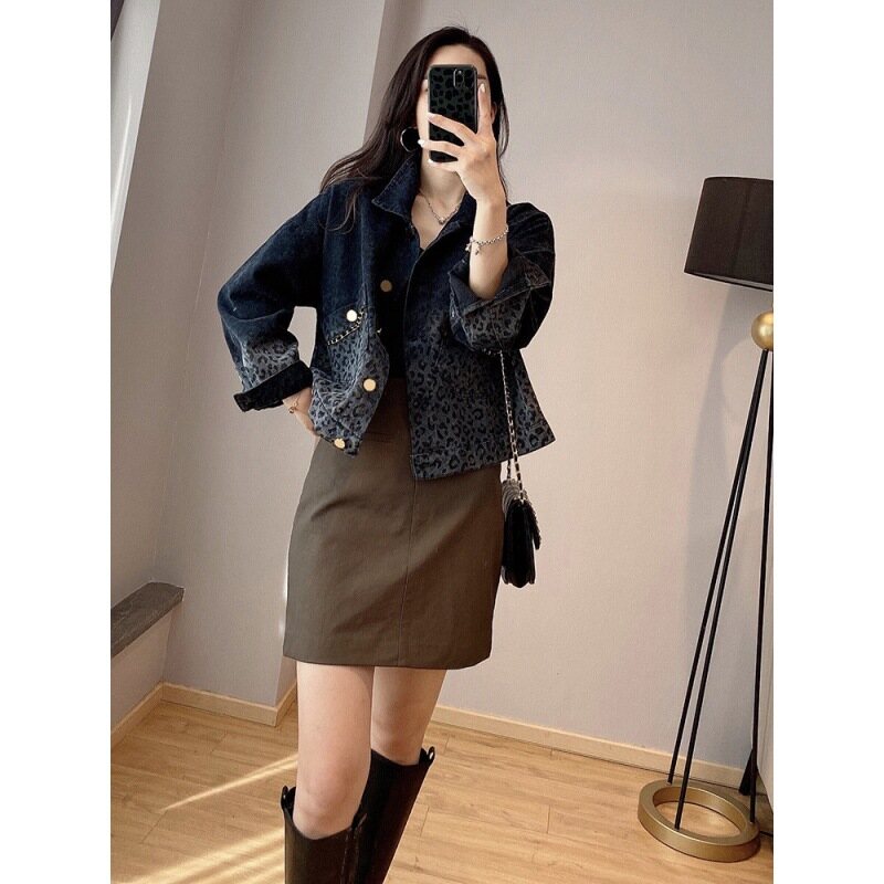 Áo Khoác Denim Da Báo Retro Màu Đen Mùa Xuân Áo Khoác Ngắn Thời Trang Nữ