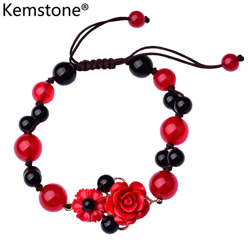 Kemstone Ethnic Style Woven Rope Black and Red Agate Beads Rose Bracelet Jewelry Gift for Women Girls