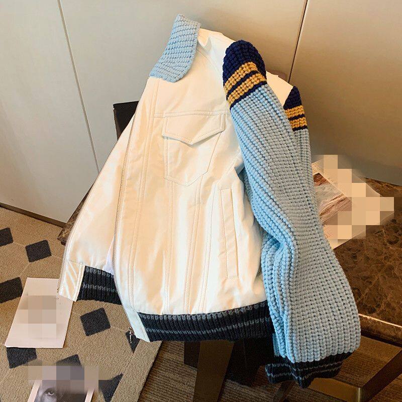 Sweater Patchwork Denim Jacket Women's Lapel Jacket Retro Baseball Uniform New Fall 2022 Casual Oversize Outwear for Female