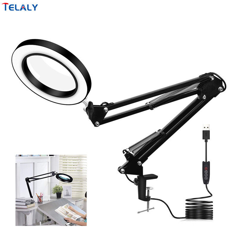 3 Màu Kính Lúp Chiếu Sáng Đèn Bàn Làm Việc Linh Hoạt Lớn 5x Đèn LED USB Kính Lúp Đọc Sách/Làm Lại/Hàn