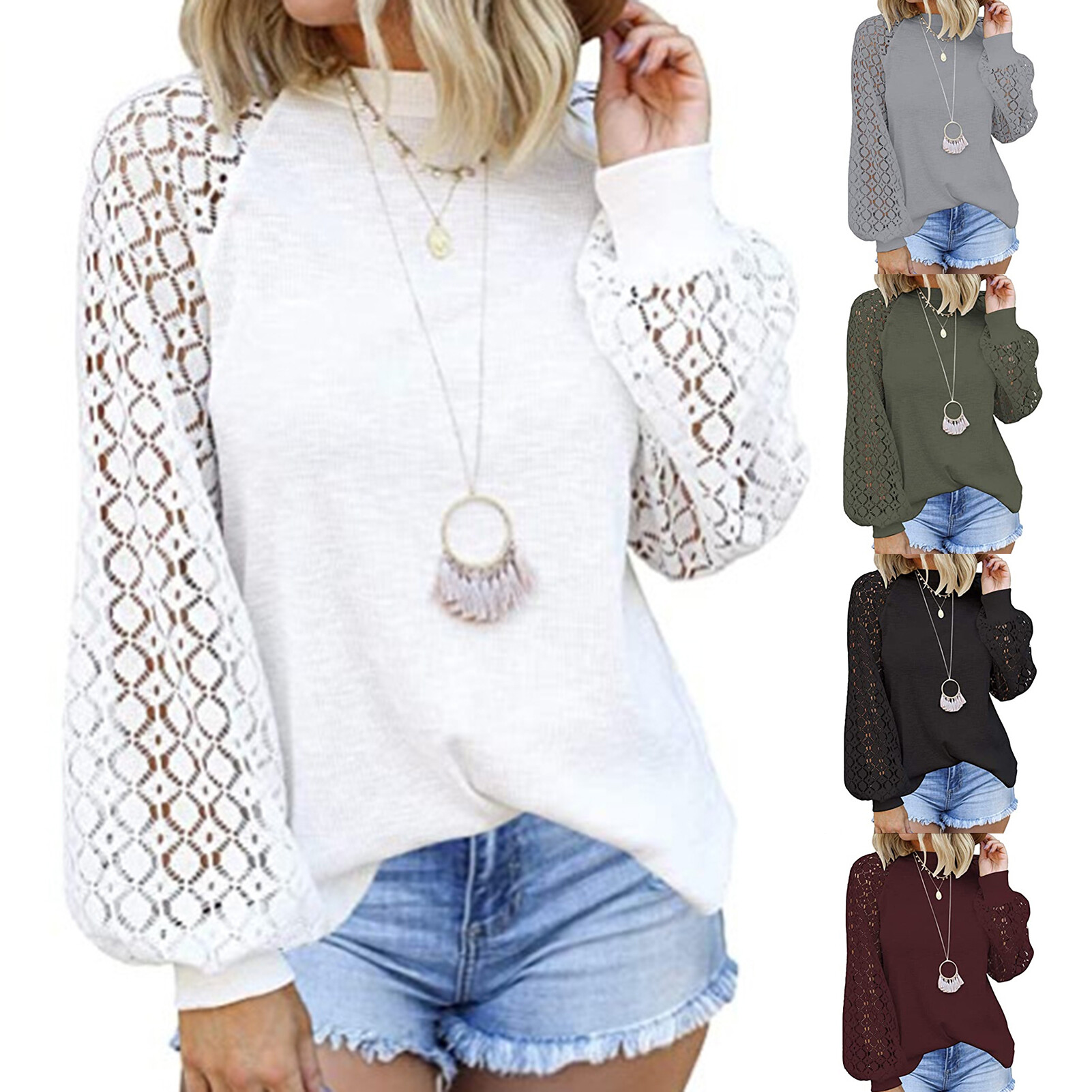 Benferry Long Sleeve Casual Blouse Hollow Skin-friendly Lace Crochet Crewneck Women T-shirt Streetwear