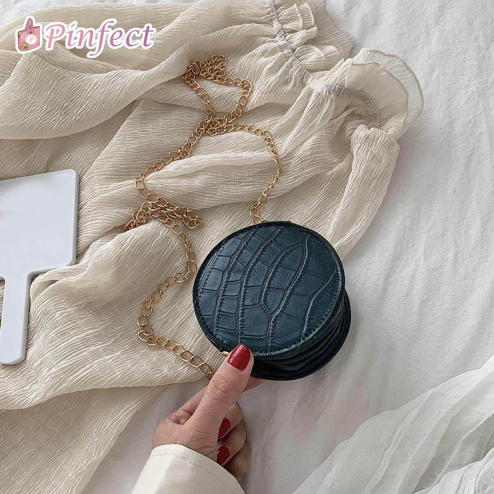 [Pinfect] Fashion Ladies Vintage Elegant Mini PU Leather Round Mini Shoulder Tote Bags Ladies Chain Messenger Stone Pattern Crossbody Handbag Solid Color Travel Small Purse for Girls