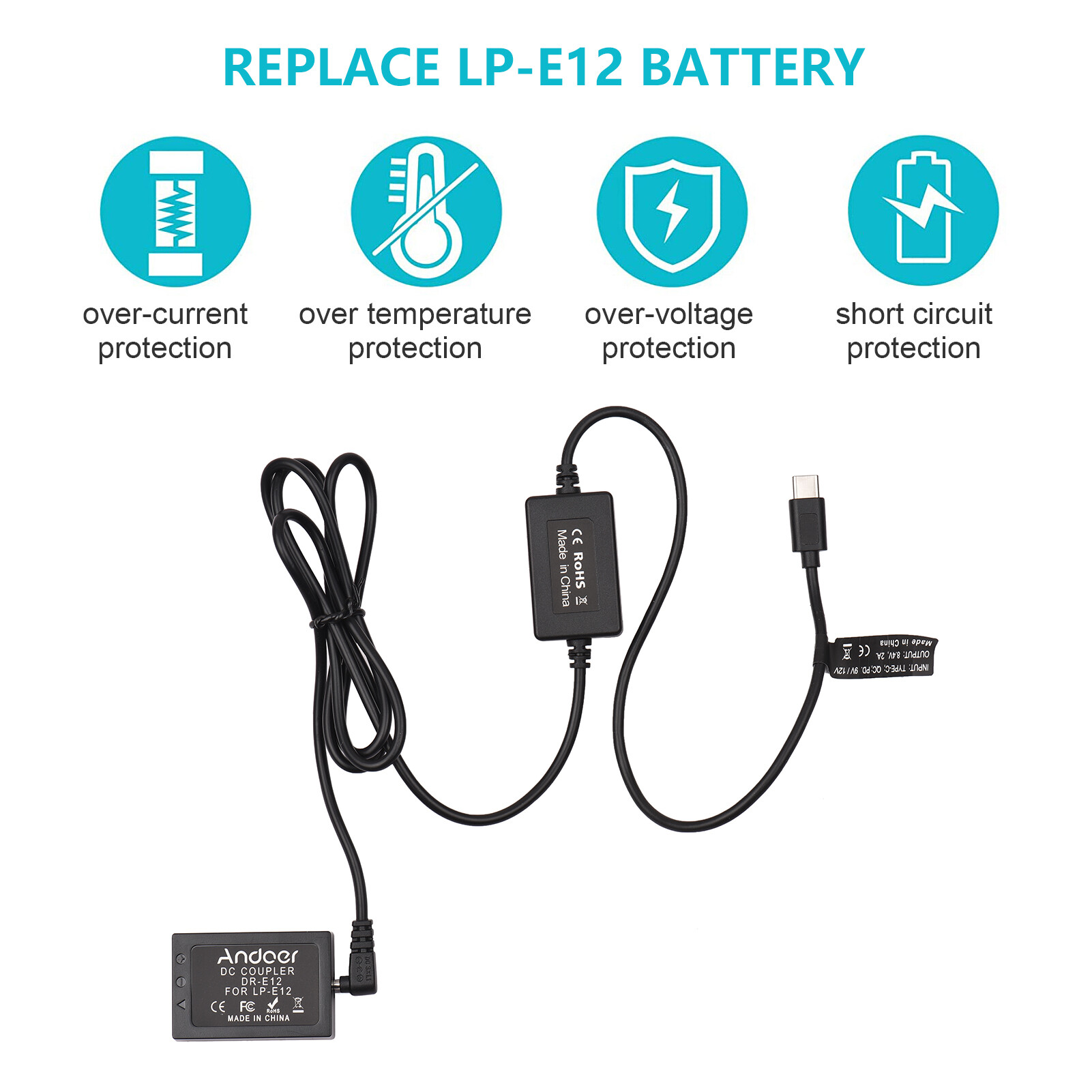 Andoer PD USB Type-C Cable to DR-E12 Dummy Battery DC Coupler LP-E12 Replacement for Canon EOS M2 M10 M50 M100 M200 Cameras