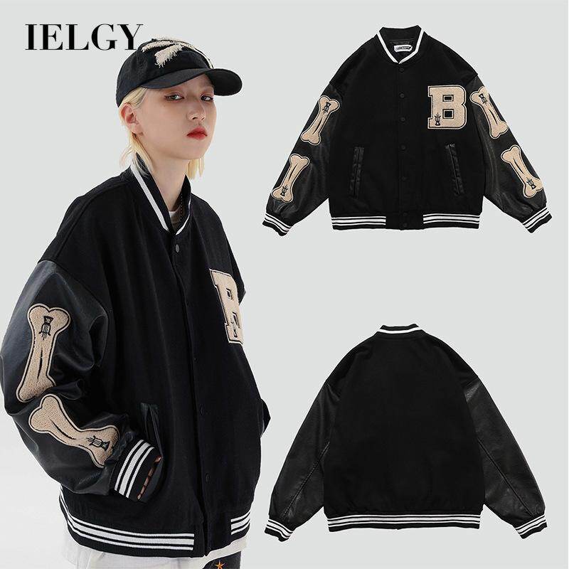 IELGY 【M-XXL】hip-hop baseball uniform jacket male street loose PU leather stitching