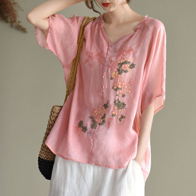 Summer art wood ear embroidered shirt top V collar short-sleeved shirt loose large size.