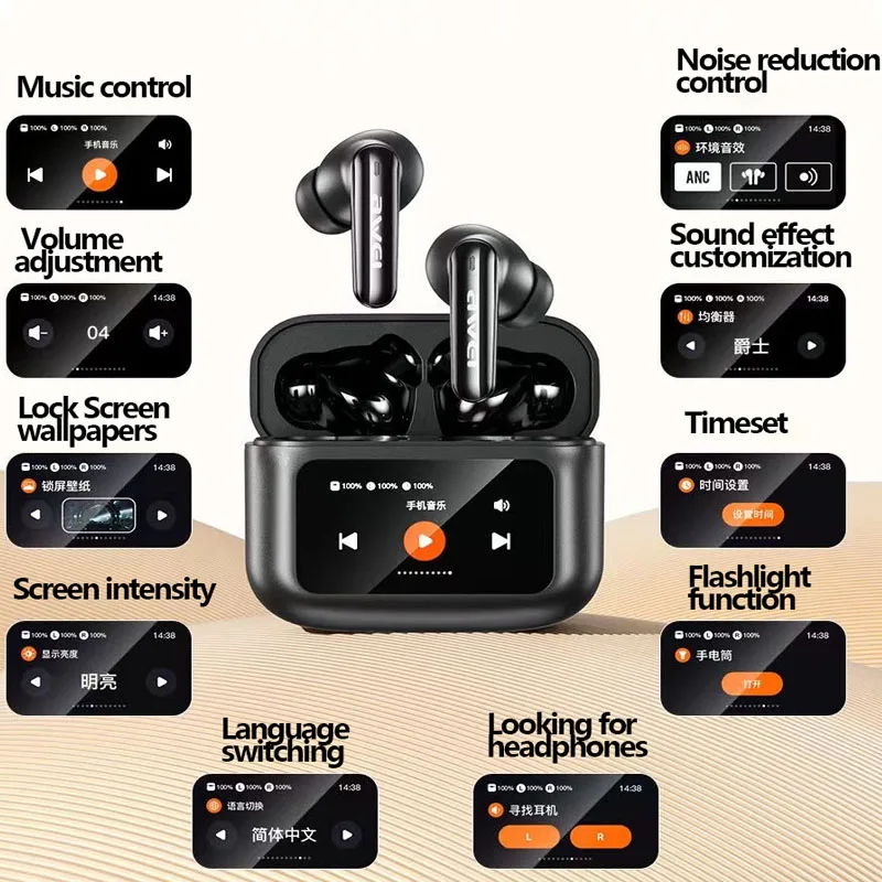 Awei T56 ANC Large color Screen AI Intelligent Translation Bluetooth earphone -35dB EQ model selection bluetooth 5.4 with Earphones search Wallpaper selection Spatial sound effect selection wireless earbuds