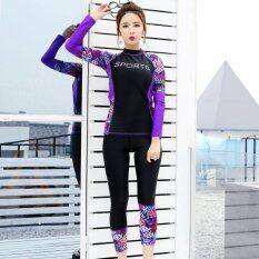 1 Set Wanita Pakaian Selam Tankini Ungu Lengan Panjang Bunga Rashguards Ruam Baju Atasan Penjaga Pantai dengan Celana Renang Seluruh Badan Pelindung Scuba Surf Yoga Olahraga pakaian