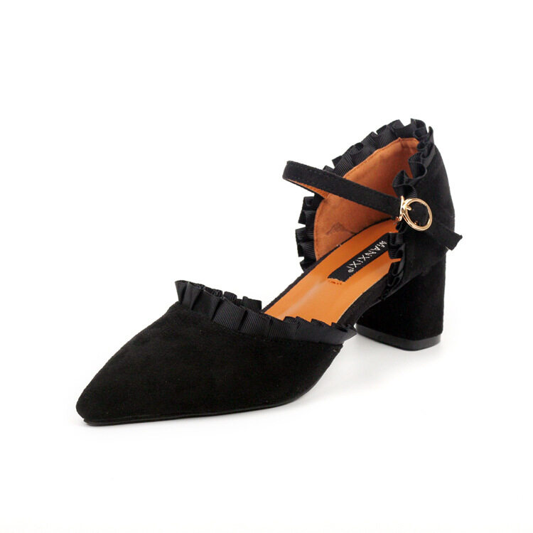 2017 Summer New Sweet Lotus Leaf Thick With High Heels Sandals Fashion Wild Suede Pointed Shallow Mouth Shoes(Black) - intl