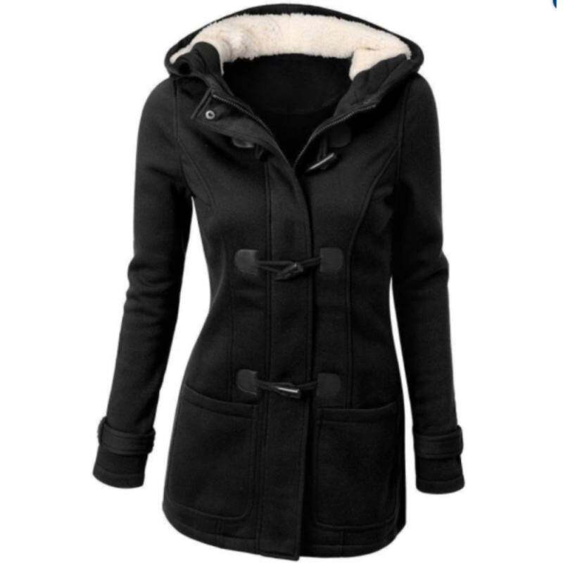 Cbkjjt 2017 Mantel Penghangat Di Musim Dingin Wanita Mantel Jaket Bertudung Wanita Fashion Parka Tebal Mantel Wol Mujer Tombol Y Invierno-Hitam Tanduk Abrigos Chaquetas Mantel Wanita