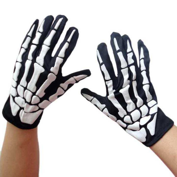 2Pcs Costume Adornment Halloween Skull Skeleton Bone Dress Monster Adult Gloves
