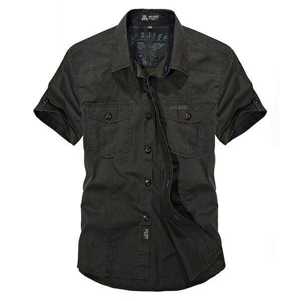 Afsjeep Outdoor Sport Cotton Breathable Multi Pocke Cargo Short Sleeve Dress Shir For Men Army Green