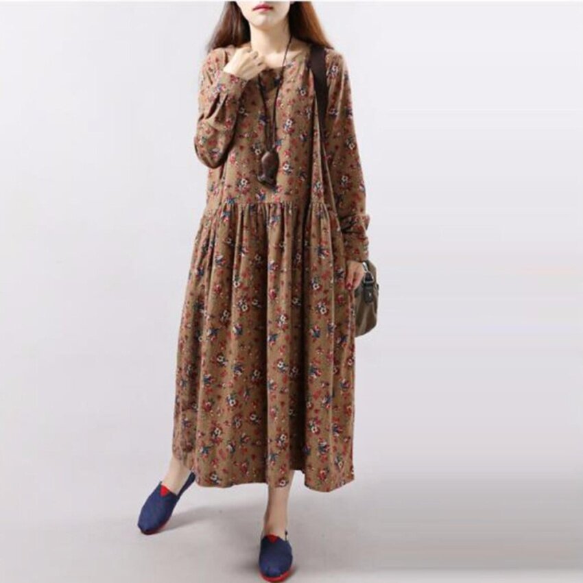 AW Wanita Elegan Pakaian Linen 2017 Wanita Lengan Panjang Pocke Kemeja Dresscasual Lipit Longgar Retro Vestido Panjang Maxi-Intl