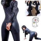 Black Leather Catsuit High Stretchy Jumpsuit Bodysuit Front Zipper Open Crotch Catsuit