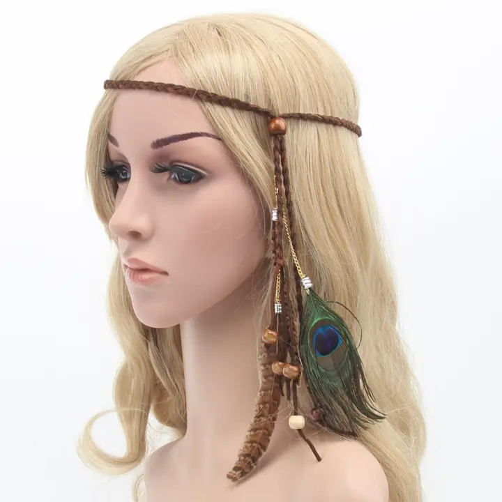 Boho Style Peacock Feather Headband Handmade Weaving Hairband