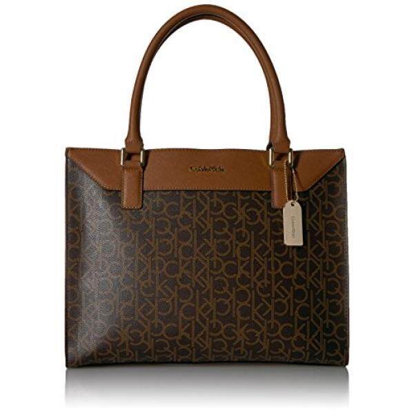 Calvin Klein Dorus Monogram Kotak Tote, Rown/Khk/Koper Saffiano-Internasional
