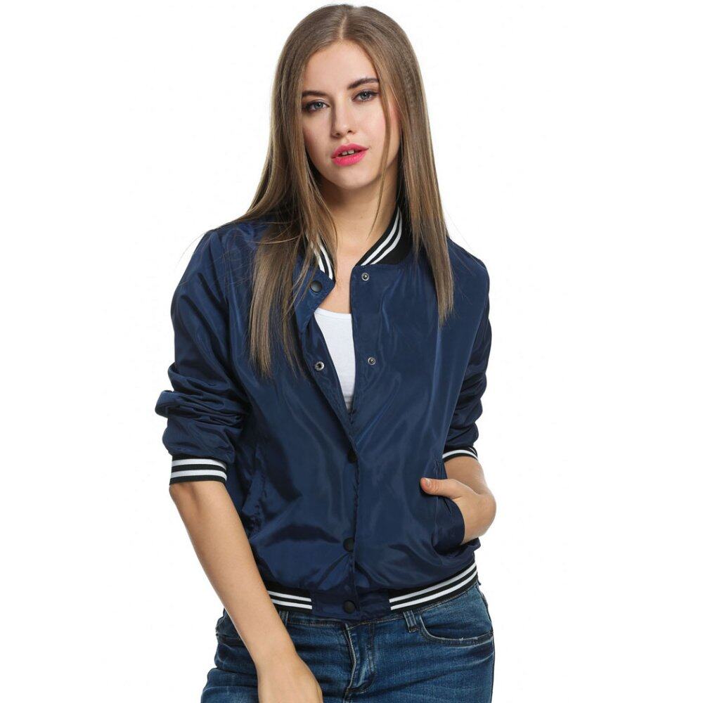 Women Fashion Retro Long Sleeve Snap Closure Solid Bomber Jacket With Pocke ( Blue )