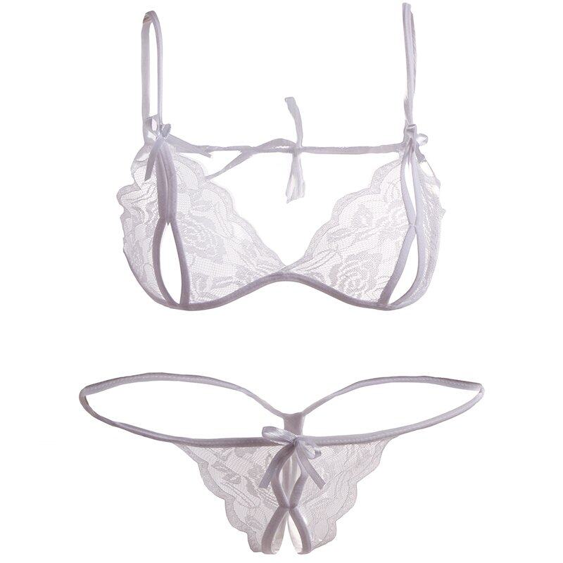 Fancyqube Lingerie Seksi Renda Tipis Transparan Dada Terbuka Beha Tiga Titik Pakaian Dalam Set Putih-Internasional