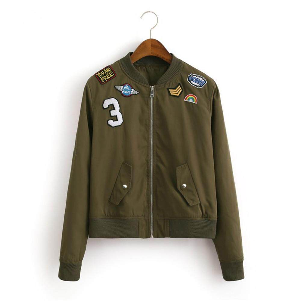 Fashion Bomber Jacket Coat Flight Suit Casual Jacket Women Embroidered Patch Coat S M Xl
