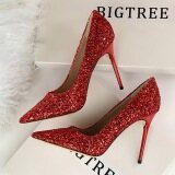 Sequins High-Heeled Shoes Thin Heels Women Pumps Pointed Toe High Heels Women Shoes Closed Toe Ladies Wedding Shoes (Red)