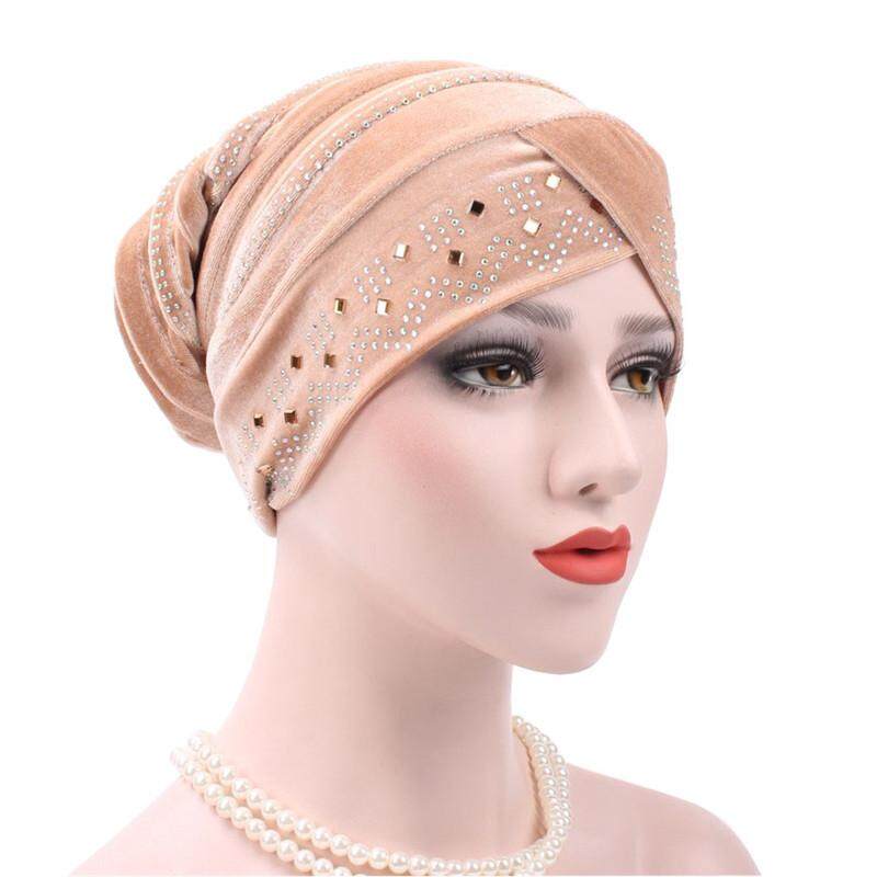 Modis Wanita Emas Tali dengan Berlian Regang Sorban Topi Kasual Hangat Polos Beanie-Internasional