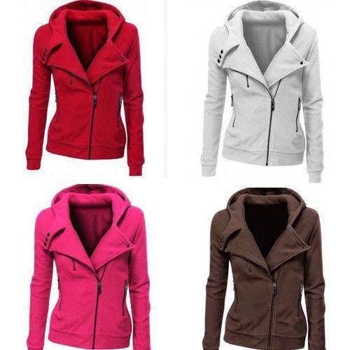 Modis Wanita Polos Bisbol Jersey Katun Risleting Hingga Ramping Mantel Cardigan Jaket (Merah)-Internasional