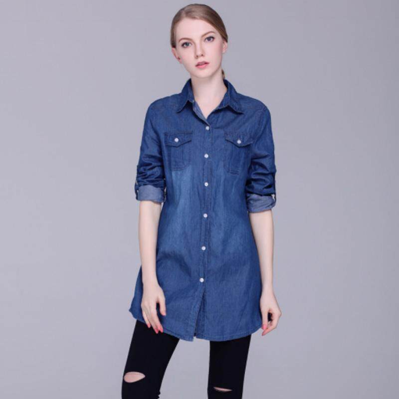High Quality Ladies Casual Loose Solid Color Long Sleeve Pocke Denim Shirt (Dark Blue)