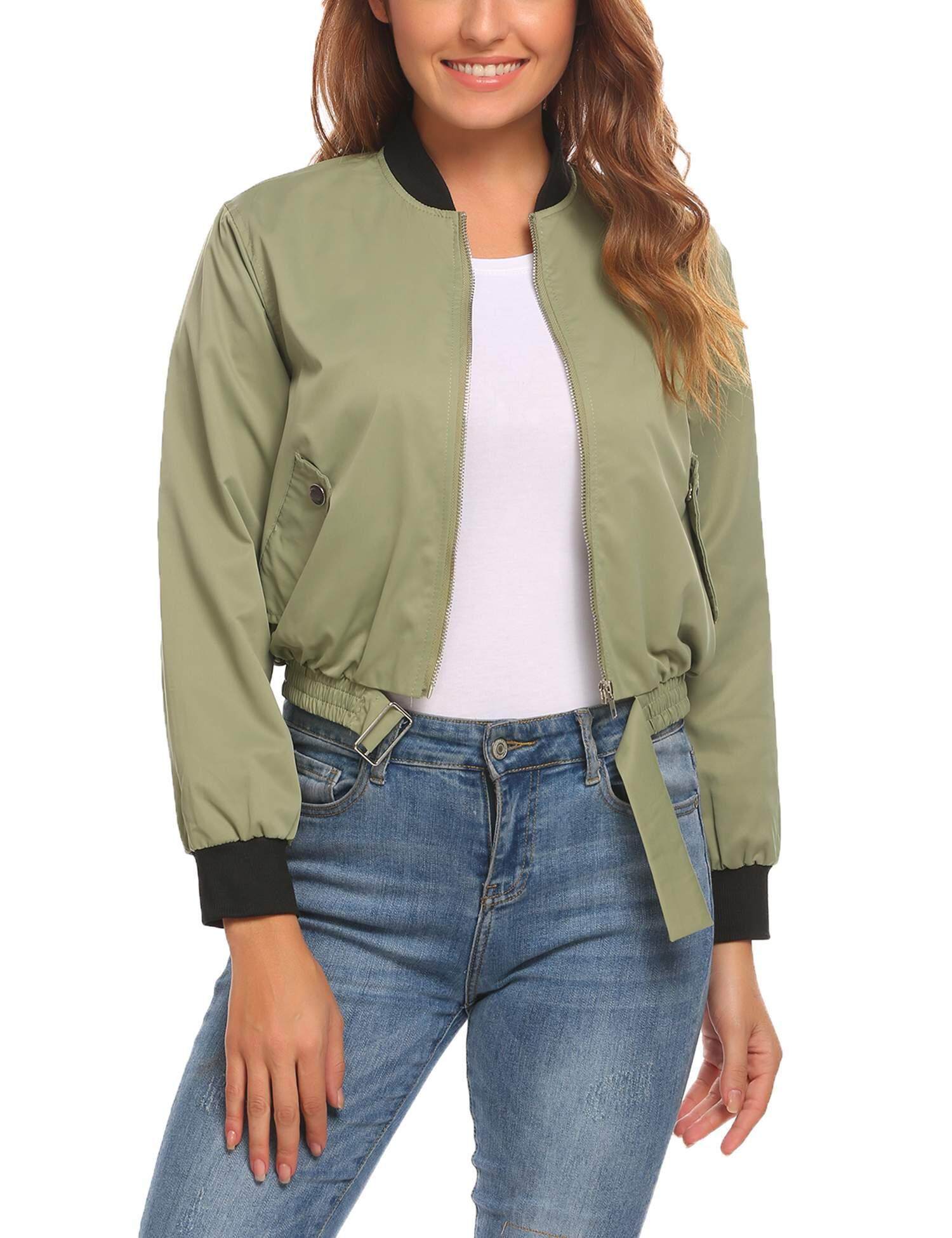 Kualitas Tinggi Sunweb Baseball Wanita Kerah Lengan Panjang Solid Ritsleting Ringan Jaket Bomber (Hijau)-Intl