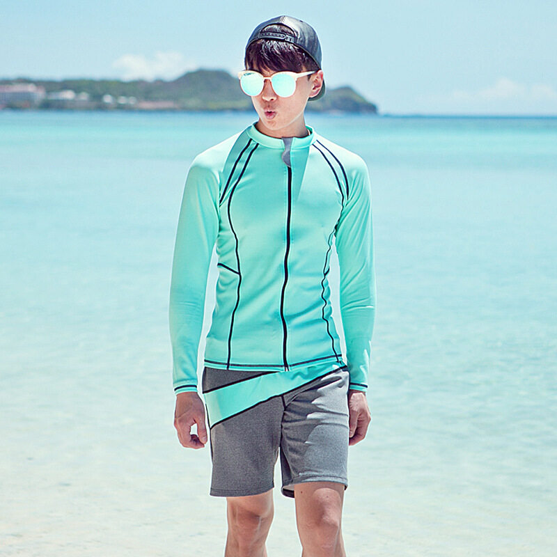 HK Mall Pria Rashguard Panjang Sleeves Atasan Bawah Beha 3-pcs Set Likra Berselancar Selancar Angin Baju Renang Snorkeling Mandi Setelan Spa internasional