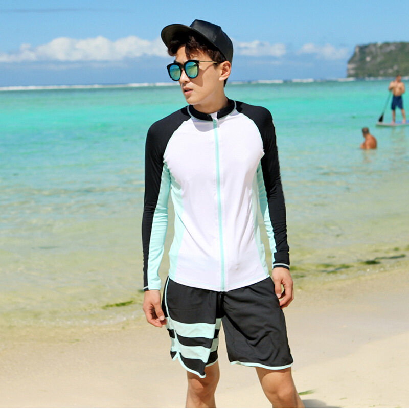 HK Mall Wanita Rashguard Panjang Sleeves Atasan Bawah 2-pcs Set Swimsuits Patchwork Ritsleting Dorong Hingga Trunks Baju Renang Pantai Bathing Setelan -Internasional