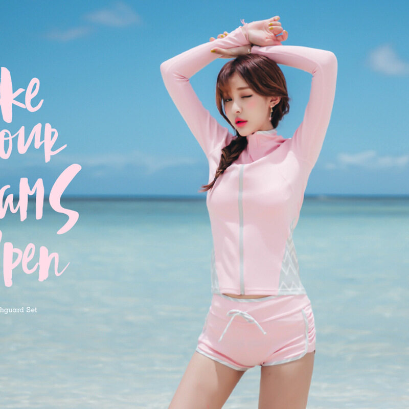 HK Mall Wanita Rashguard Atasan Bottoms 4-pcs Set Baju Renang Wanita Panjang Lengan Mandi Setelan Berselancar Dorong Hingga Spa Matahari Pelindung merah Muda-Internasional