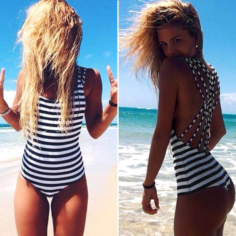 Nơi bán Women Sexy One Piece Swimwear Round Neck Backless Striped Stretch Beach Wear Monokini - intl