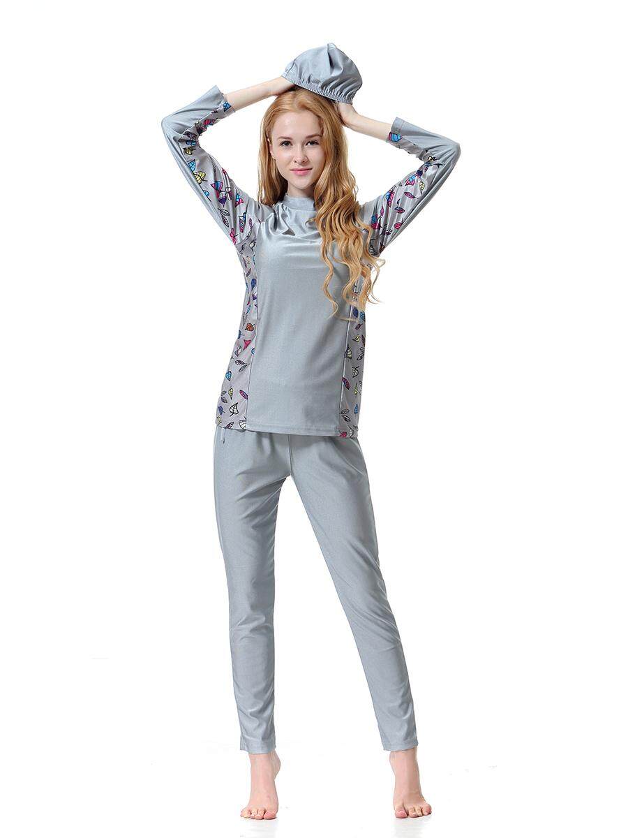 Jollychic Wanita 3 Pcs Plus Ukuran Baju Renang Muslim Konservatif Bunga Lengan Panjang Celana Baju Renang dengan Tutup-Internasional
