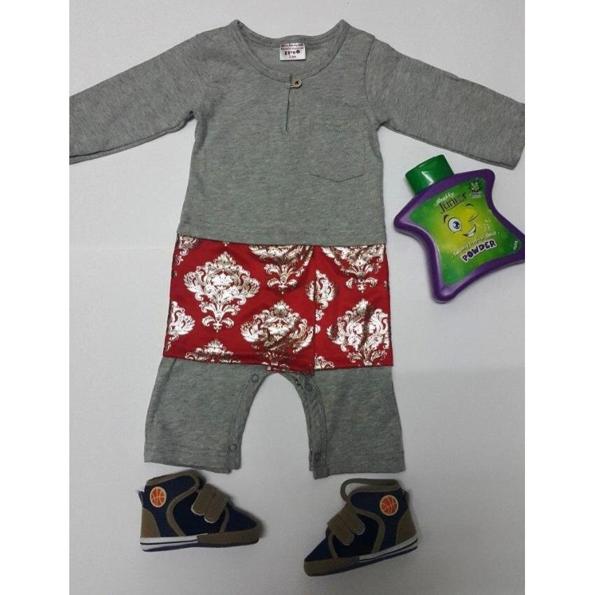 Jumper Baju Melayu Samping Songket Merah Bayi Romper Raya (Grey)-Internasional