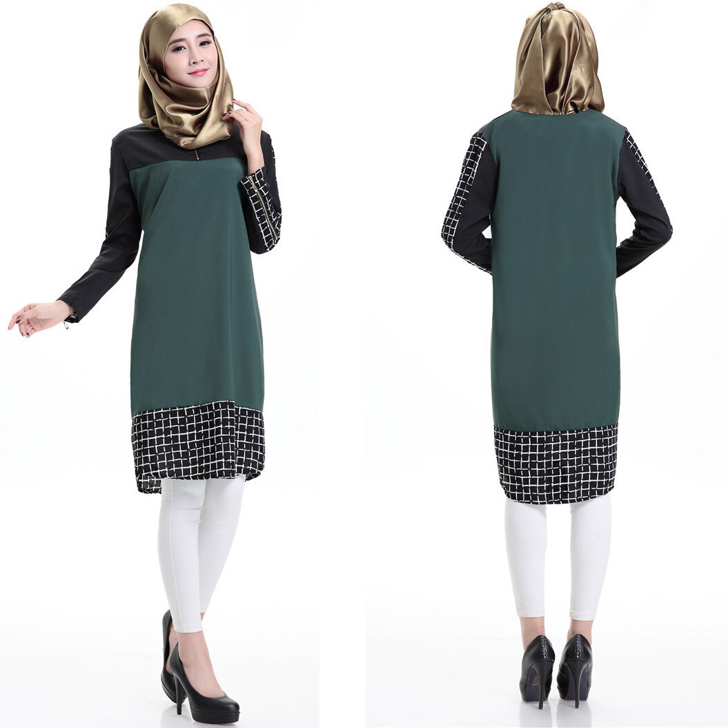 Long Sleeve Fashion Kate Tunic Blouse Muslim Women Tops Muslim Wear -Deep green