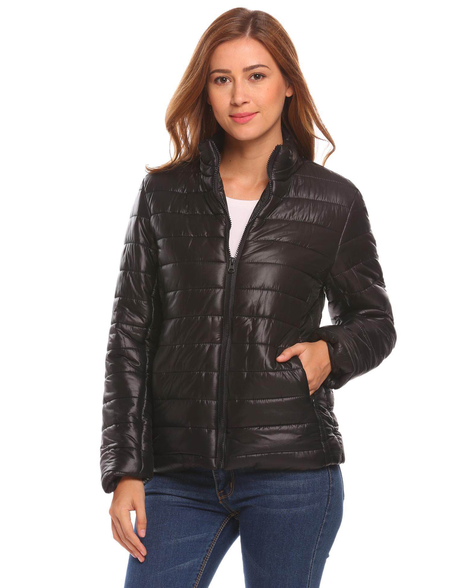 Harga Murah Sunwonder dan Wanita Zip Up Jaket Bulu Angsa Kasual Kerah Lurus Lengan Panjang (Hitam)-Intl