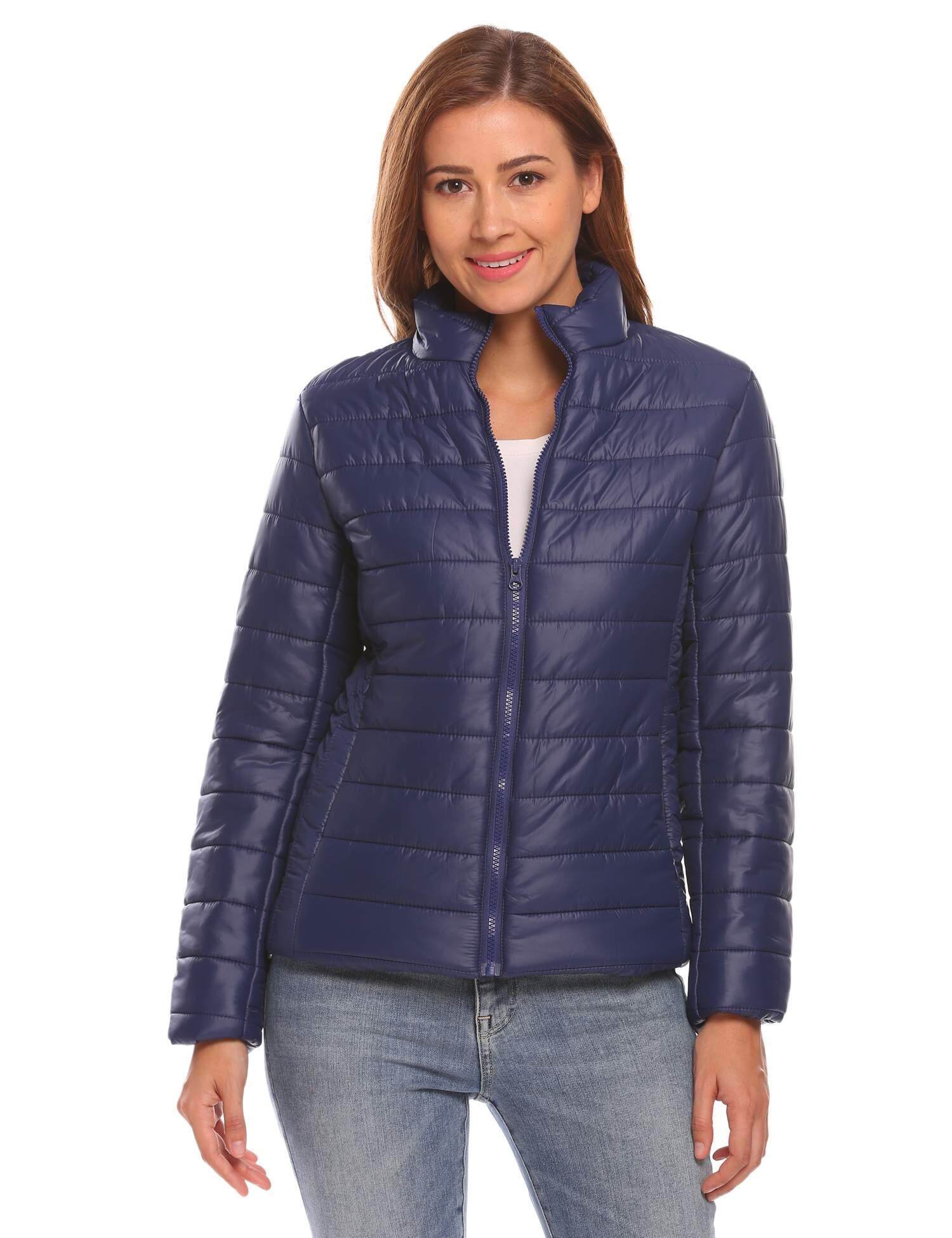 Harga Murah Sunwonder dan Wanita Zip Up Jaket Bulu Angsa Kasual Kerah Lurus Lengan Panjang (Biru)-Intl