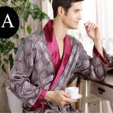 Mewah Pria Sutra Piama Satin Cetak V-Leher Lengan Panjang Ukuran Plus Piyama Jubah Jubah Mandi Baju Tidur