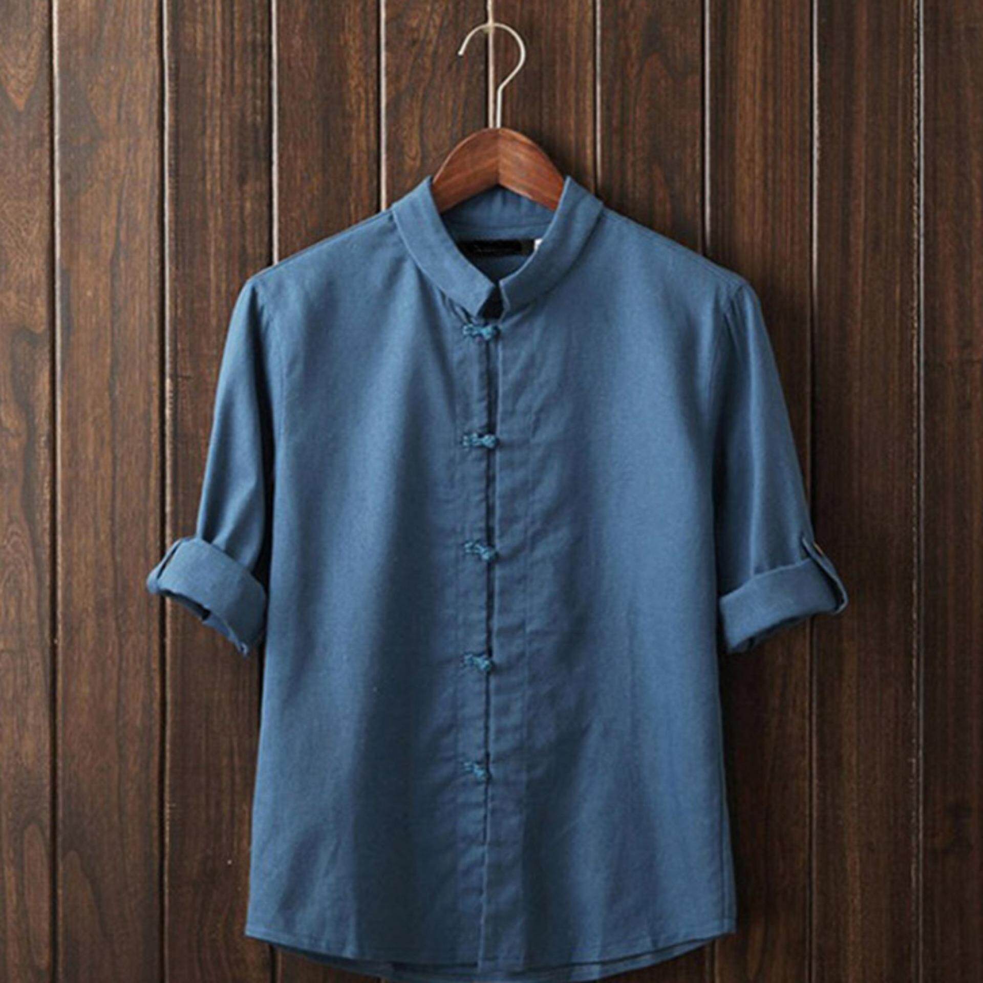 BigData Store Men Blouse Clothing Fashion Shirt Linen Slim Fit Chemise Chinese Style Mandarin Collar Traditional