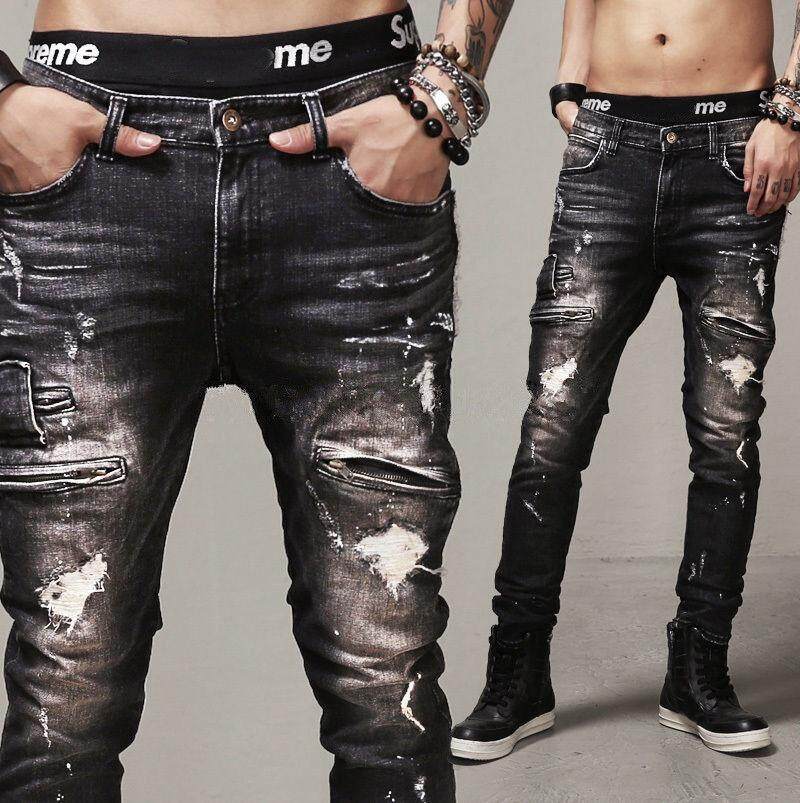 Pria Kurus Langsing Runway Denim Celana Hancur Robek Jeans Celana (Tidak Ditentukan)-Internasional