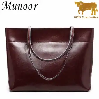 Munoor Women Handbags 100 Genuine Cow Leather Fashionable Tote Bags Casual Shoulder Purses Coffee Color