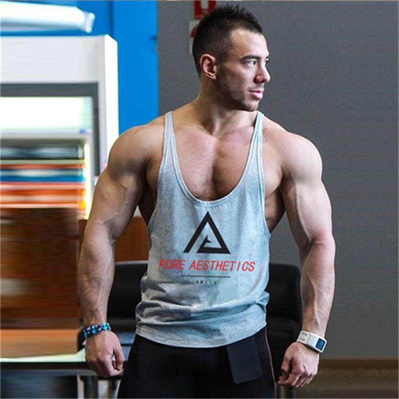 Otot Singlet Tanpa Lengan Kaos Tangki Pria Atasan Gym Binaraga Kebugaran Rompi-Internasional
