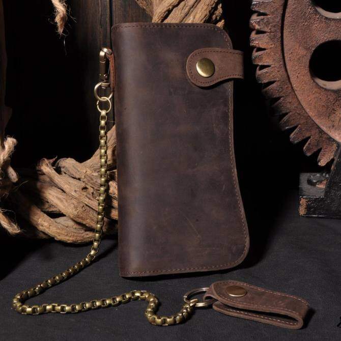 New Men's Genuine Leather Long Wallet Bifold Zipper Purse With Chain Retro Bag
