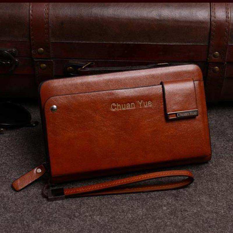 Pria Baru Diperlukan Kulit Tas Tangan Clutch Fashion Barat Besar Kemampuan Bisnis Kantung Telepon Gengam Halus Gelang Panjang Dompet (Coklat)