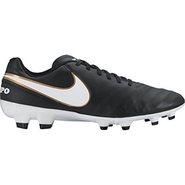 Nike Pria TIEMPO GENIO II Kulit FG Hitam/Putih/Emas Metalik Sepak Bola Cleat En Kami-Internasional