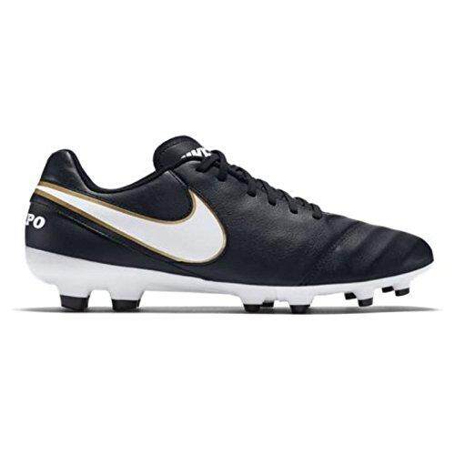 Nike Pria TIEMPO GENIO II Kulit FG Hitam/Putih/Emas Metalik Sepak Bola Cleat 8 Pria AS-Internasional