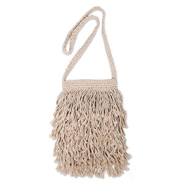 Novica Beige Cotton Macrame Tas Bahu dengan Pinggiran, Kota Malang-Intl