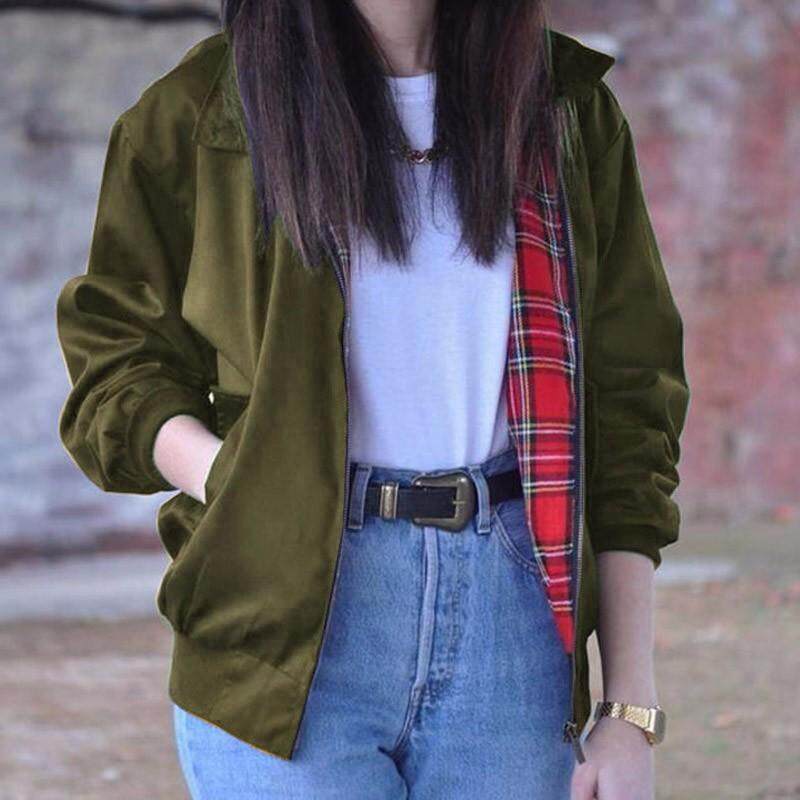 Oversized Women Autumn Outerwear Long Sleeve Fashion Vintage Tartan Zipper Pocke Bomber Jacket Casual Coat Plus Size(Army Green)